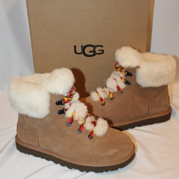 NIB UGG WOMEN'S MINI ALPINE LACE UP SUEDE SHEARLING LINED BOOTS CHESTNUT - Picture 1 of 8